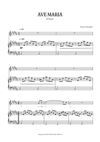 Schubert Ave Maria in B Major • soprano voice sheet music with easy piano accompaniment (arr. Benzaiten Editions)