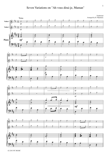Seven Variations on "Ah vous dirai-je, Maman", for 2 Violins & Piano, VN209 (arr. FCMUSIC)