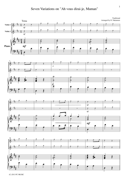 Seven Variations on "Ah vous dirai-je, Maman", for 2 Violins & Piano, VN209 (arr. FCMUSIC)
