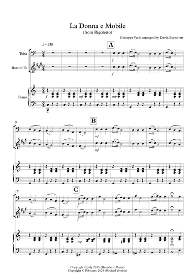 La Donna e Mobile for Tuba (Eb Bass) and Piano (arr. David Burndrett)