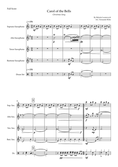 Carol of The Bells - Jazz Version (Christmas Song) for Saxophone Quartet and Drums (arr. Fabio Britto)