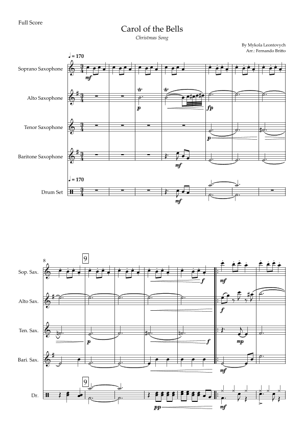 Carol of The Bells - Jazz Version (Christmas Song) for Saxophone Quartet and Drums (arr. Fabio Britto)