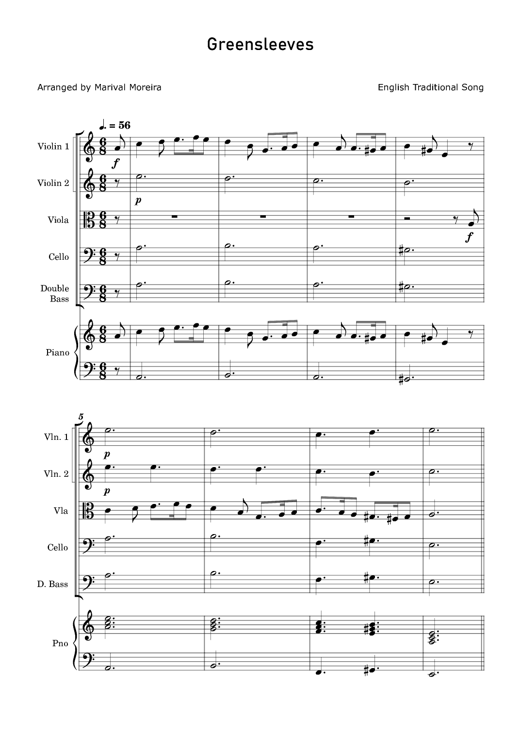 Greensleeves - String Quintet and Piano accompaniment (arr. Marival Moreira)
