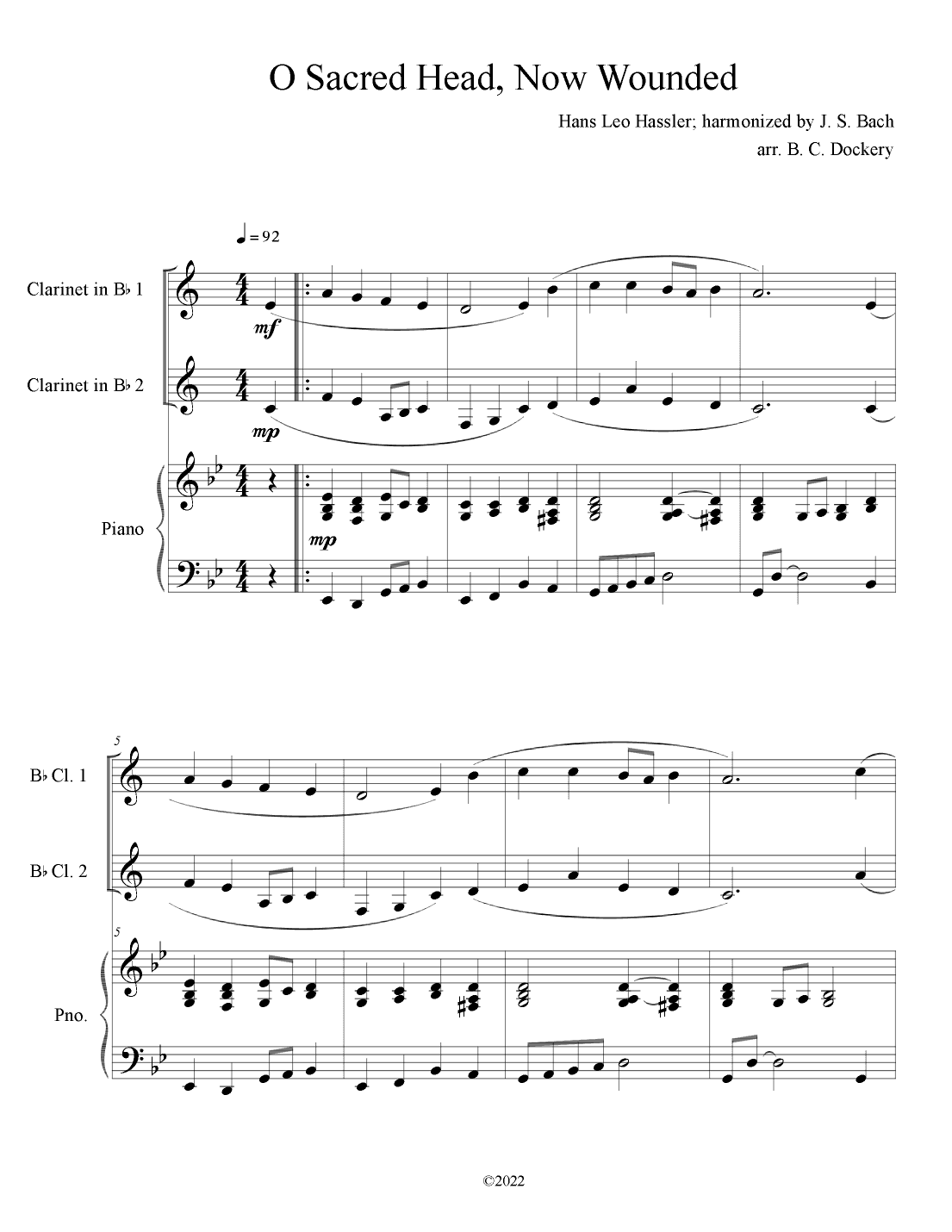 O Sacred Head, Now Wounded (Clarinet Duet with Piano Accompaniment) (arr. B. C. Dockery)