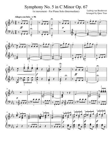 Beethoven Symphony No. 5 - 1st Movement - For Piano Solo (Intermediate) (arr. Quoc Tran)