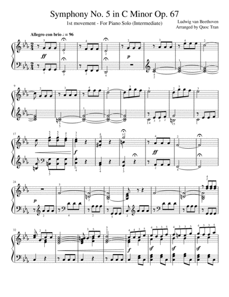 Beethoven Symphony No. 5 - 1st Movement - For Piano Solo (Intermediate) (arr. Quoc Tran)