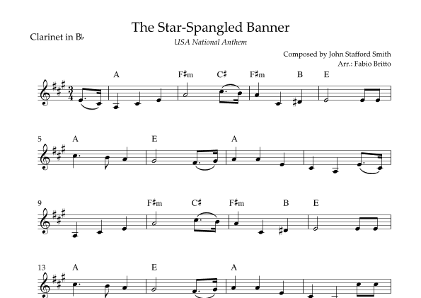 The Star Spangled Banner (USA National Anthem) for Clarinet in Bb Solo with Chords (G Major) (arr. Fabio Britto)