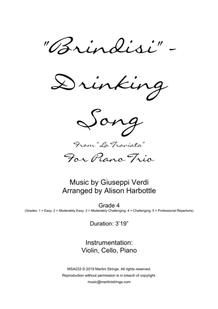 Brindisi - Drinking Song from "La Traviata" - piano trio (arr. Alison Harbottle)