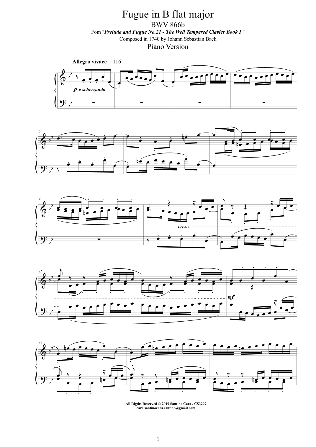 Bach - Fugue in B flat major BWV 866b - Piano version (arr. Santino Cara)