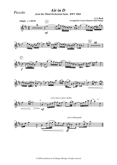 Johann Sebastian Bach/Wehage, Air in D from the Third orchestral suite, BWV 1068 arranged for concer (arr. Musik Fabrik Music Publishing)