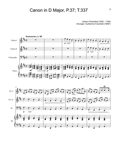 Johann Pachelbel - Canon in D Major, P.37; T.337. Arrangement for Violin Duet, Violoncello and Piano (arr. Guilherme Facchetti)