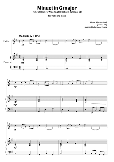 Minuet in G major (violin and piano – clean sheet music) (arr. Bernardo Pereira)