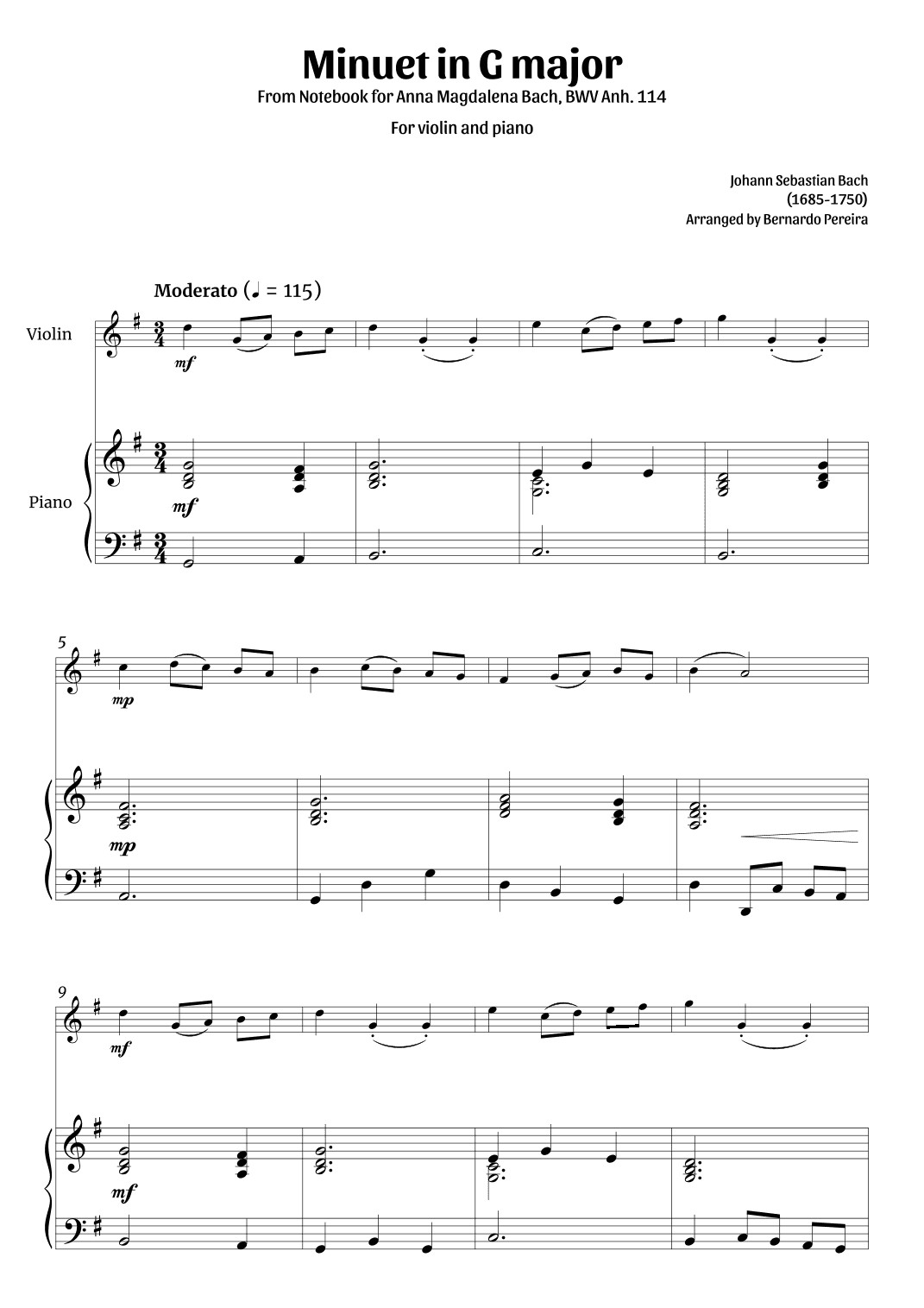 Minuet in G major (violin and piano – clean sheet music) (arr. Bernardo Pereira)