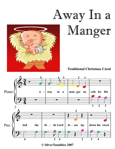 Away In a Manger Beginner Piano Sheet Music with Colored Notes (arr. SilverTonalities)