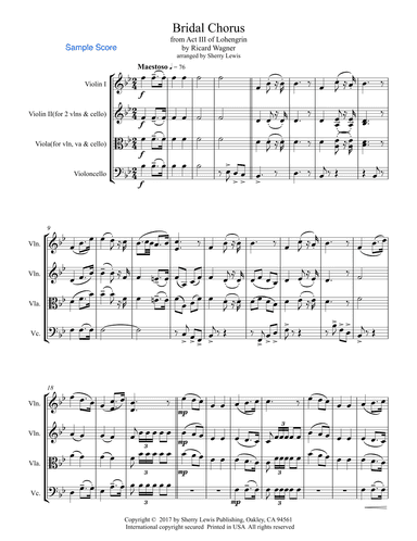 BRIDAL CHORUS String Trio, Intermediate Level for 2 violins and cello or violin, viola and cello (arr. Sherry Lewis)