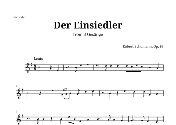 Der Einsiedler by Schumann for Recorder (arr. Langanho)