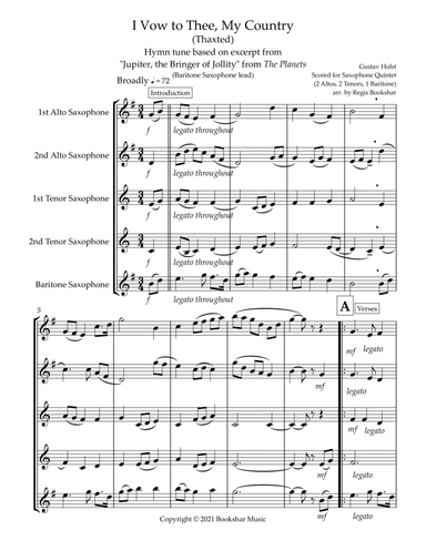 I Vow to Thee, My Country (Thaxted) (Bb) (Saxophone Quintet - 2 Alto, 2 Tenor, 1 Bari) (Baritone lea (arr. Regis Bookshar)