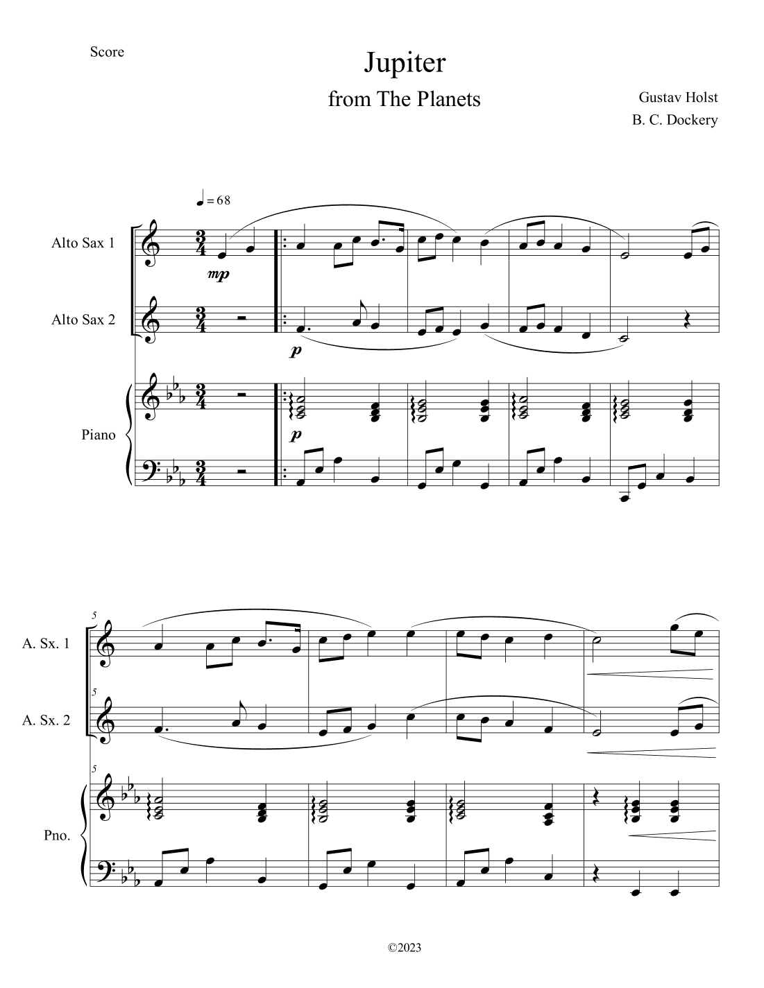Jupiter (from The Planets) for Alto Sax Duet with Piano Accompaniment (arr. B. C. Dockery)