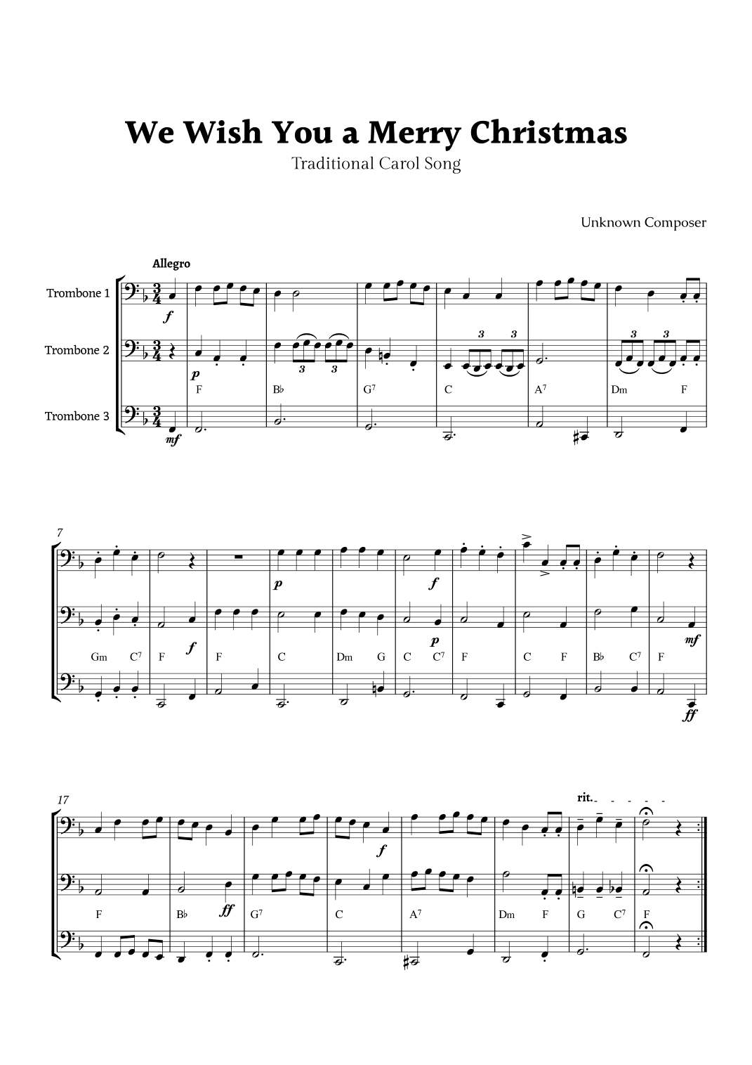 We Wish you a Merry Christmas for Trombone Trio with Chords (arr. Rika K.)
