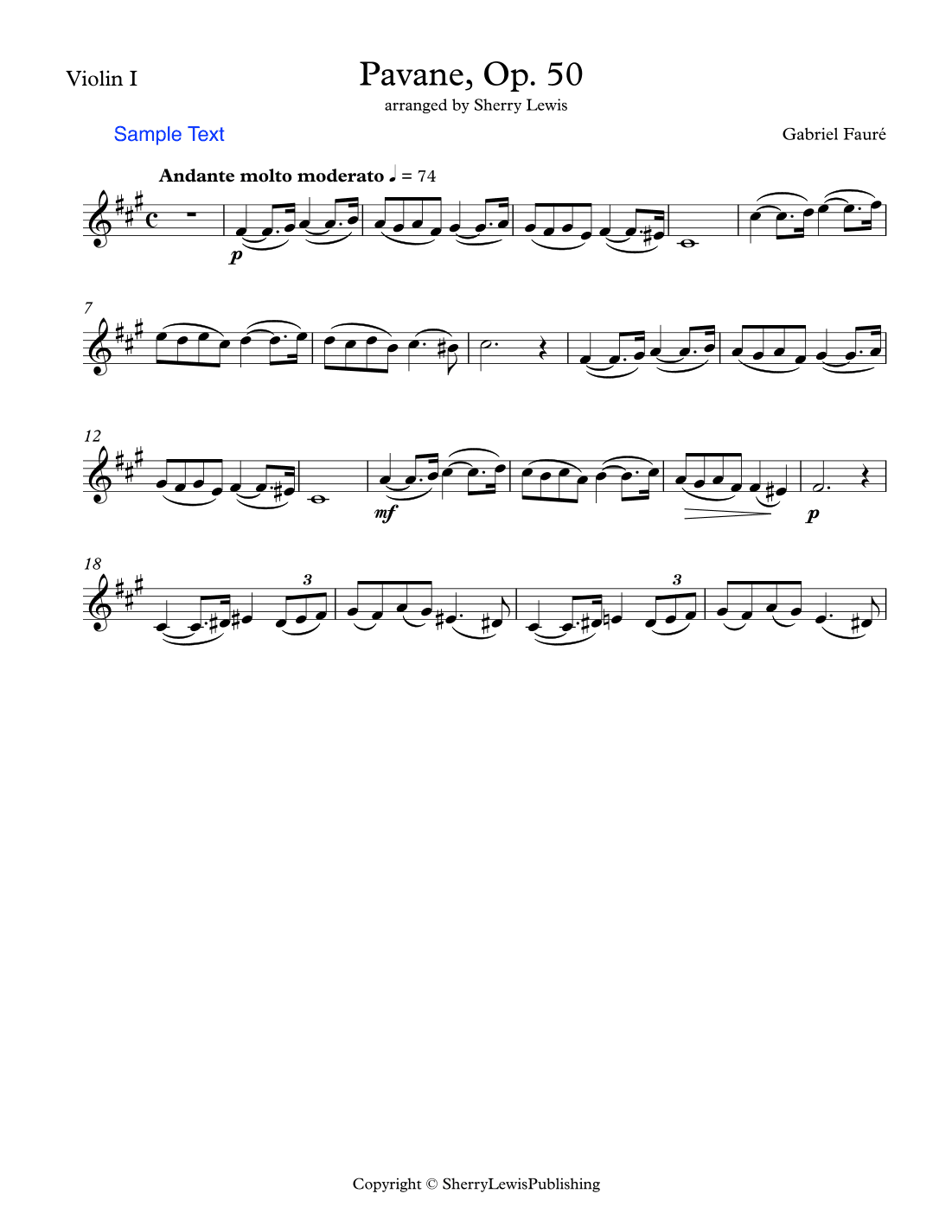 PAVANE Op. 50 by Fauré, Violin Solo, Intermediate Level (arr. Sherry Lewis)