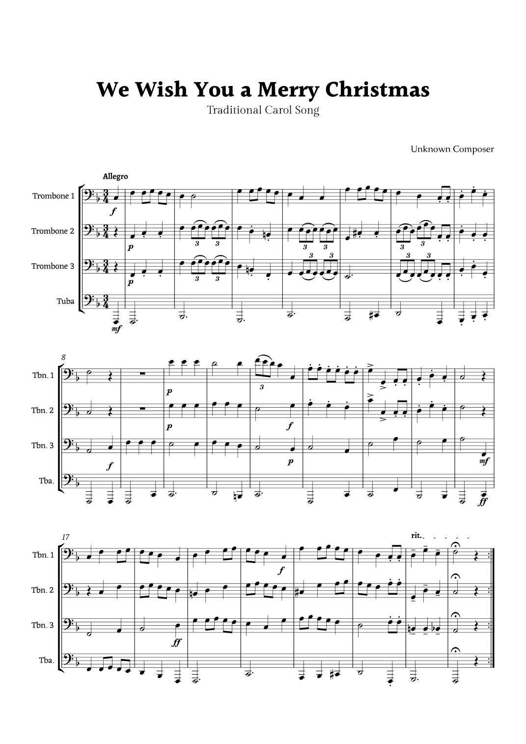 We Wish you a Merry Christmas for Brass Ensemble Quartet (arr. Rika K.)