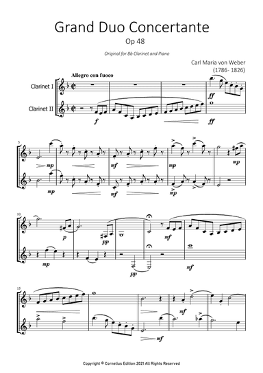 Weber C. M. Grand Duo Concertant Op 48. Duet for 2 Clarinets in Bb. WOODWIND DUO. (arr. Glenn Martin)