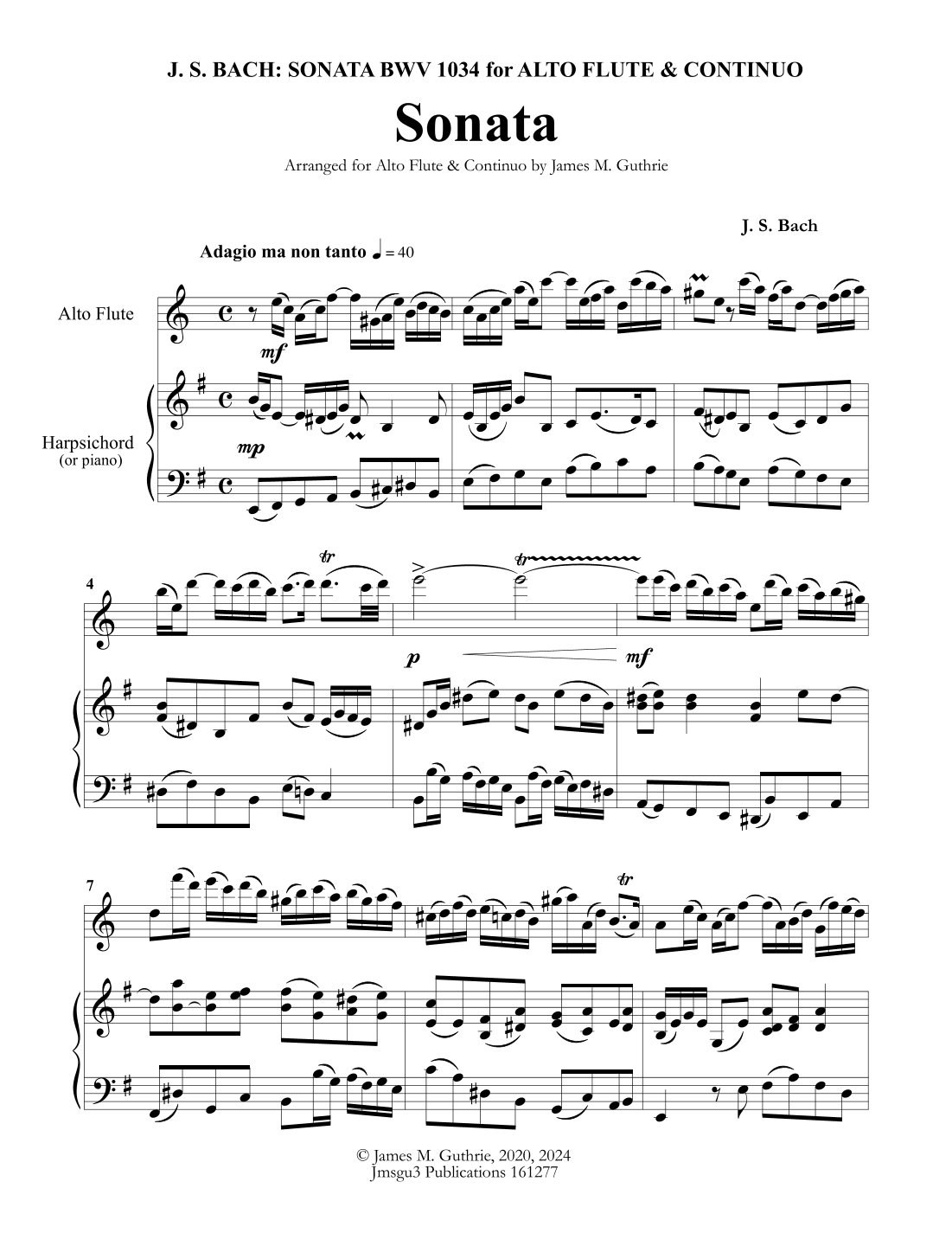 BACH: Sonata in E Minor BWV 1034 for Alto Flute & Continuo (arr. James Guthrie, ASCAP)