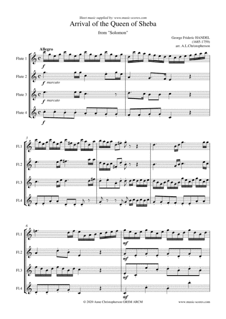 Handel: Arrival of the Queen of Sheba - Flute Quartet (arr. Anne L Christopherson GRSM ARCM)