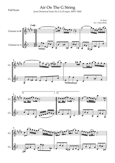 Air On The G String (J.S. Bach) for Clarinet in Bb & Clarinet in A Duo (arr. Fabio Britto)
