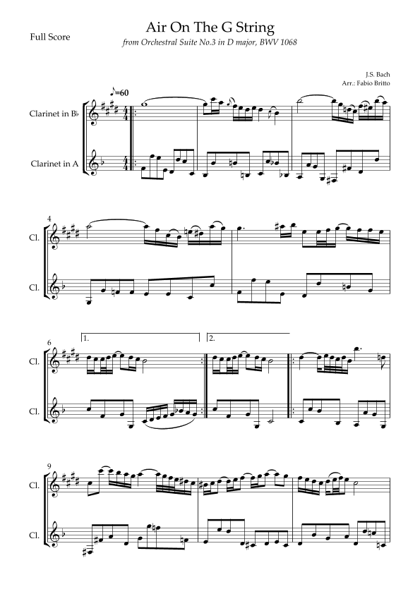 Air On The G String (J.S. Bach) for Clarinet in Bb & Clarinet in A Duo (arr. Fabio Britto)