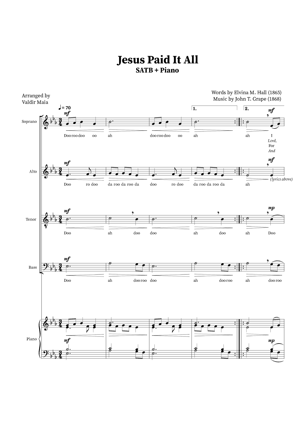 Jesus Paid It All - SATB Quartet or Choir (Piano Accompaniment) (arr. Valdir Maia)
