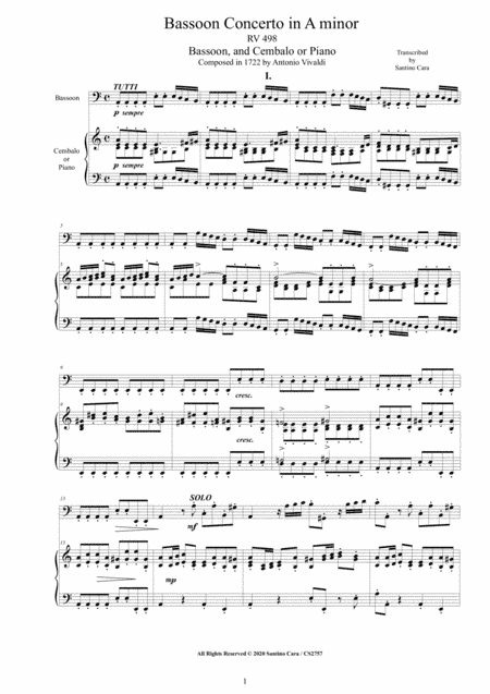 Vivaldi - Bassoon Concerto in A minor RV 498 for Bassoon and Cembalo or Piano (arr. Santino Cara)