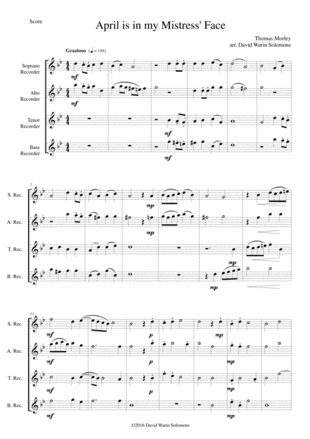 April is in my Mistress' Face for recorder quartet (arr. David Warin Solomons)