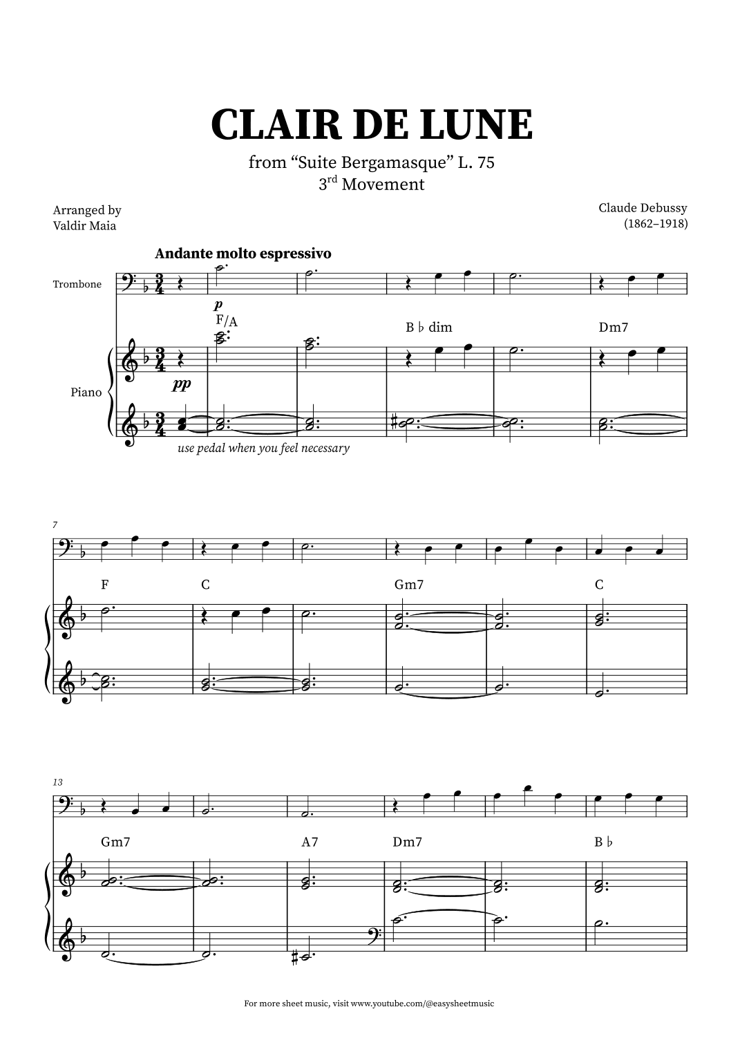 Clair de Lune - Trombone and Piano + CHORDS (arr. Valdir Maia)