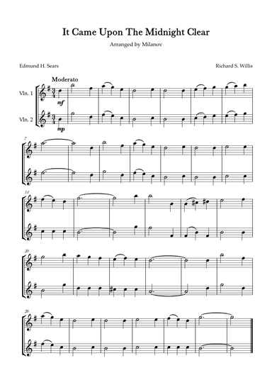 It Came Upon The Midnight Clear Violin Duet in G Melody and accompaniment Easy Intermediate (arr. Milanov)