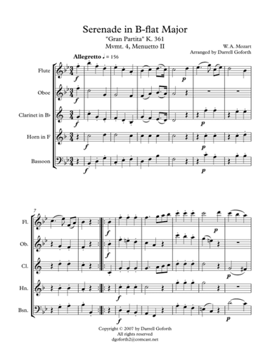Mozart: Serenade in Bb Major, K. 361 (Gran Partita) for Wind Quintet Mvmt. 4 (Menuetto II) (arr. Darrell Goforth)