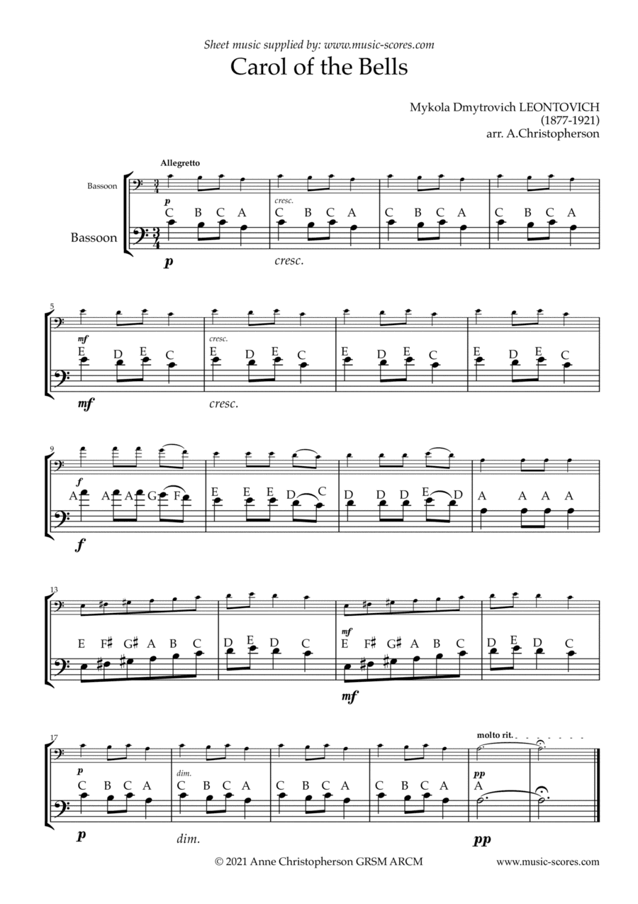Carol of the Bells - Easy Bassoon with note names (arr. Anne L Christopherson GRSM ARCM)