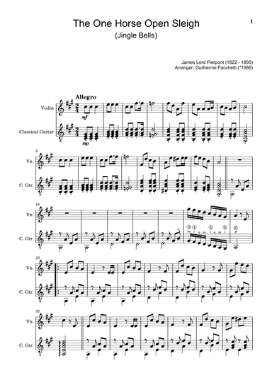 James Lord Pierpont - The One Horse Open Sleigh (Jingle Bells). Arrangement for Violin and Guitar. (arr. Guilherme Facchetti)