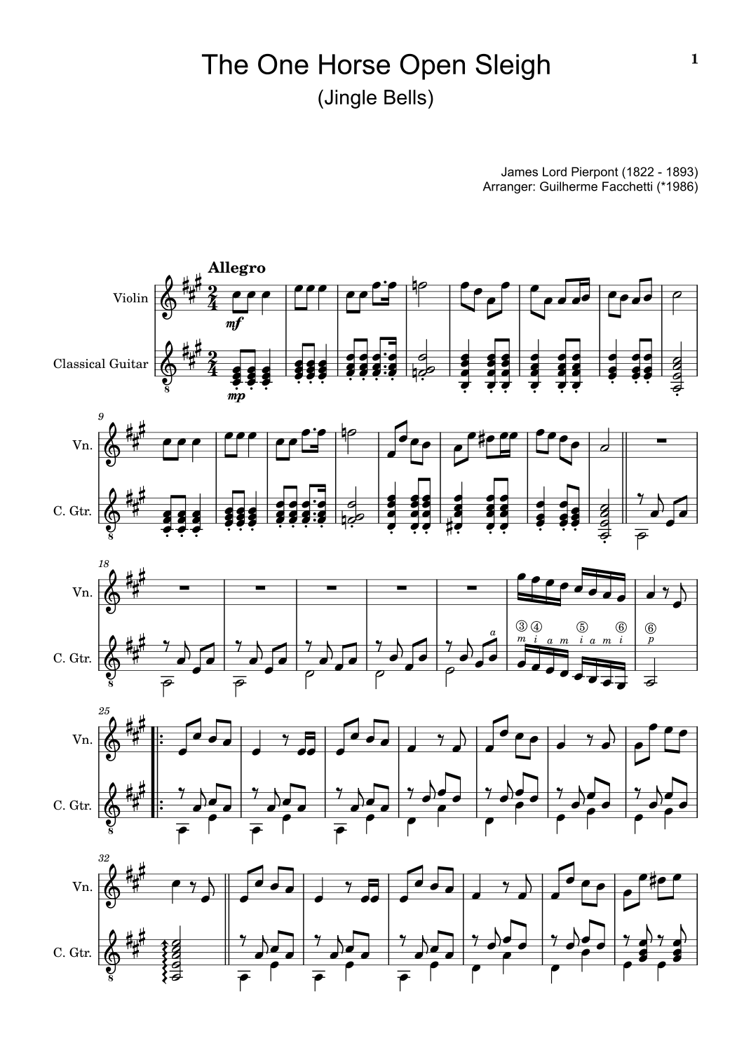 James Lord Pierpont - The One Horse Open Sleigh (Jingle Bells). Arrangement for Violin and Guitar. (arr. Guilherme Facchetti)