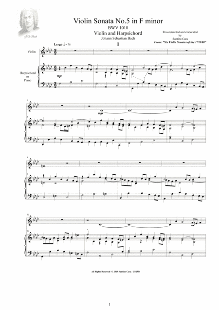 Bach - Violin Sonata No.5 in F minor BWV 1018 for Violin and Harpsichord (or Piano) (arr. Santino Cara)