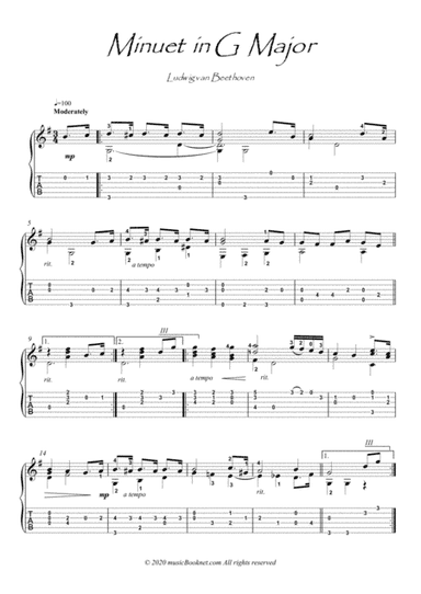 Minuet In G by Beethoven guitar solo (arr. PianoSheetNow)