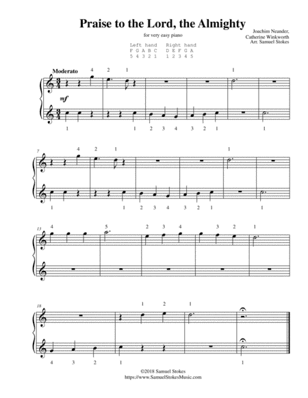 Praise to the Lord, the Almighty - for very easy piano (arr. Samuel Stokes)