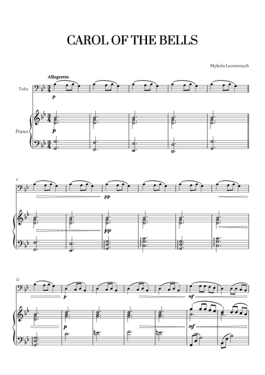 Carol of the Bells (Very Easy/Beginner) (for Tuba and Piano) (arr. Cadenza Editions)