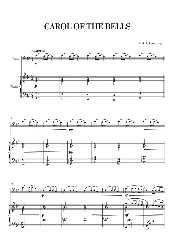 Carol of the Bells (Very Easy/Beginner) (for Tuba and Piano) (arr. Cadenza Editions)