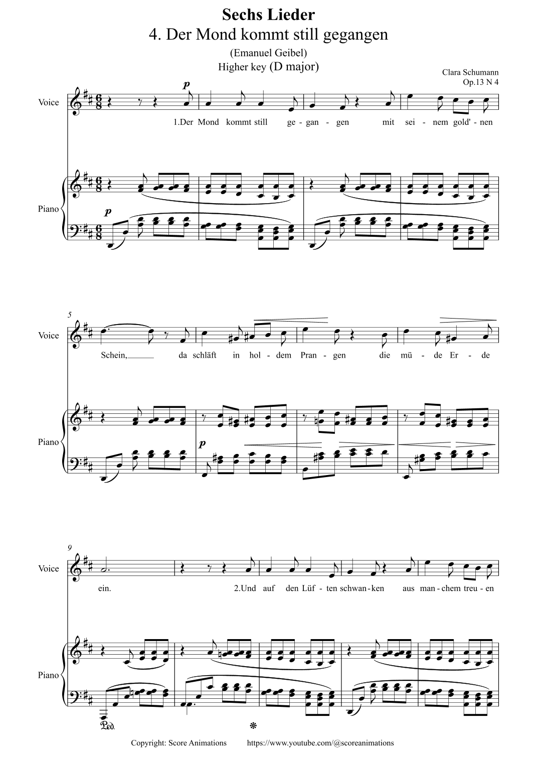 Der Mond kommt still gegangen Op 13 N4 in D major (Higher key) (arr. Score Animations)