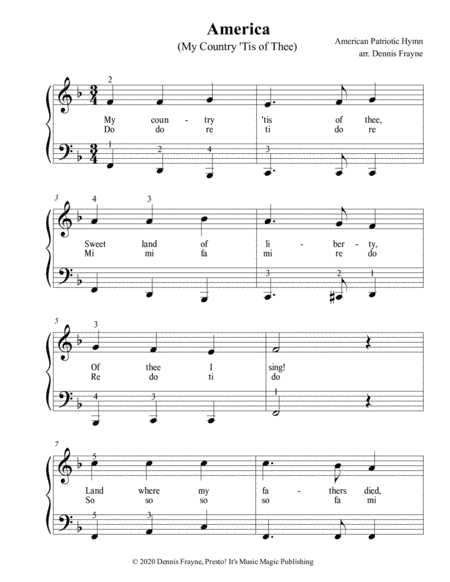 America (My Country 'Tis of Thee) (standard notation) (arr. Presto! It's Music Magic Publishing)