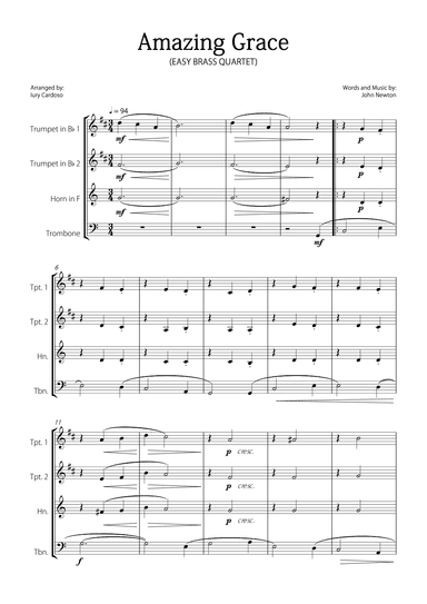"Amazing Grace" - Beautiful EASY version for BRASS QUARTET. (arr. Iury Cardoso)