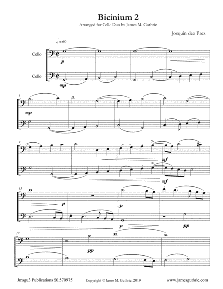 Josquin: Bicinium 2 for Cello Duo (arr. James M. Guthrie)