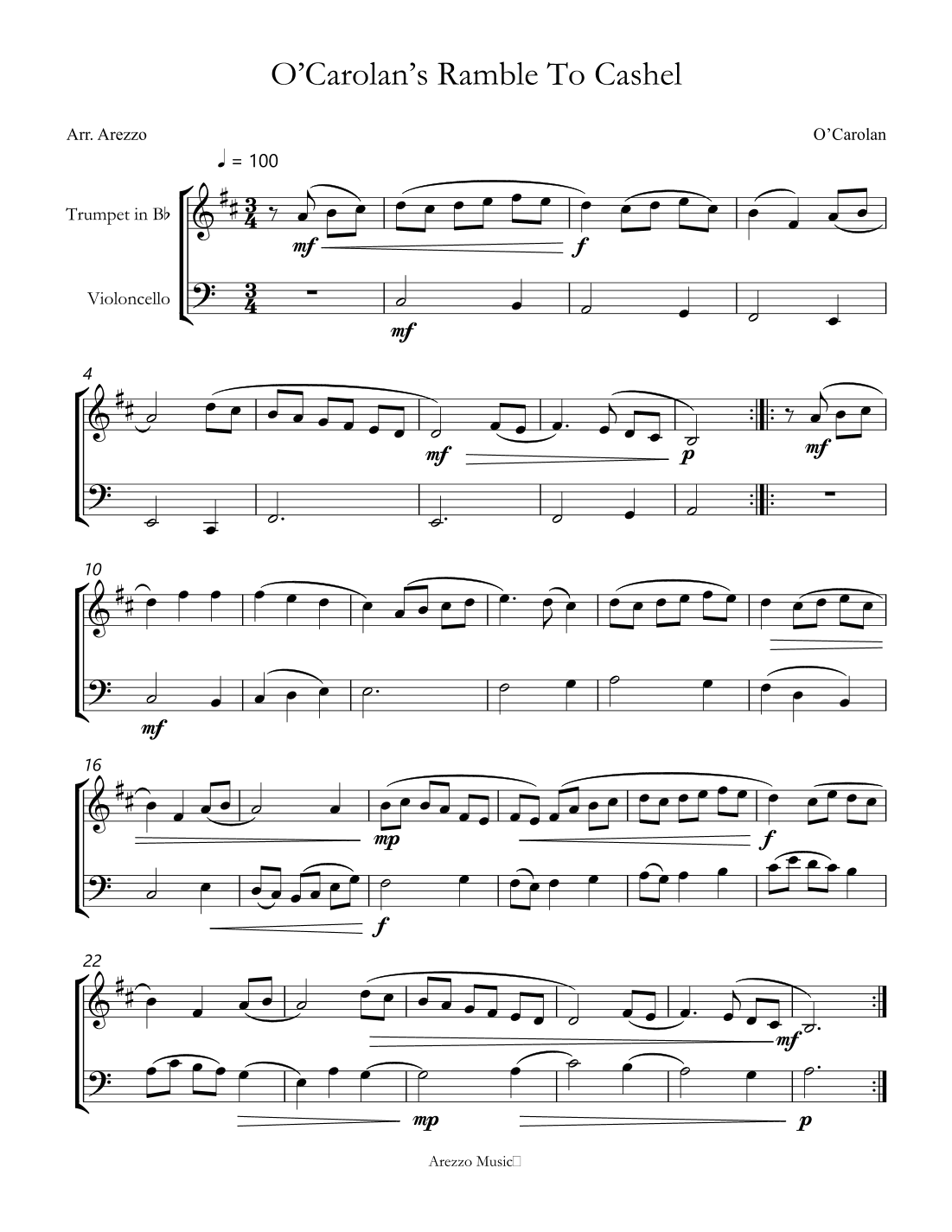 o’carolan’s ramble to cashel trumpet and cello sheet music (arr. Arezzo Music)