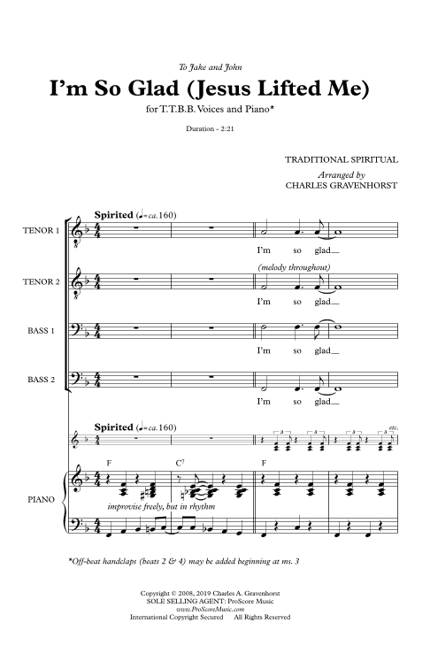 I’m So Glad (Jesus Lifted Me) – TTBB with Piano (arr. Charles A. Gravenhorst (Traditional Spiritual))
